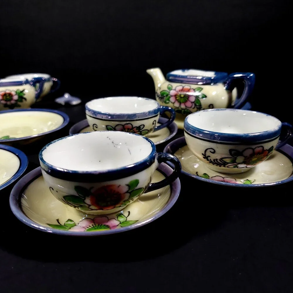 Vintage 1950s Japanese Lusterware 14 Piece Tea Set blue rim orange blue flowers